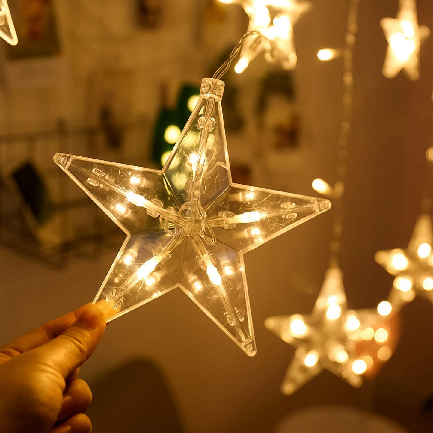 12 Stars LED Curtain String Lights with 8 Flashing Modes for Home Decoration, Diwali & Wedding LED Christmas Light Indoor and Outdoor Light ,Festival Decoration  (Warm White / With Box)